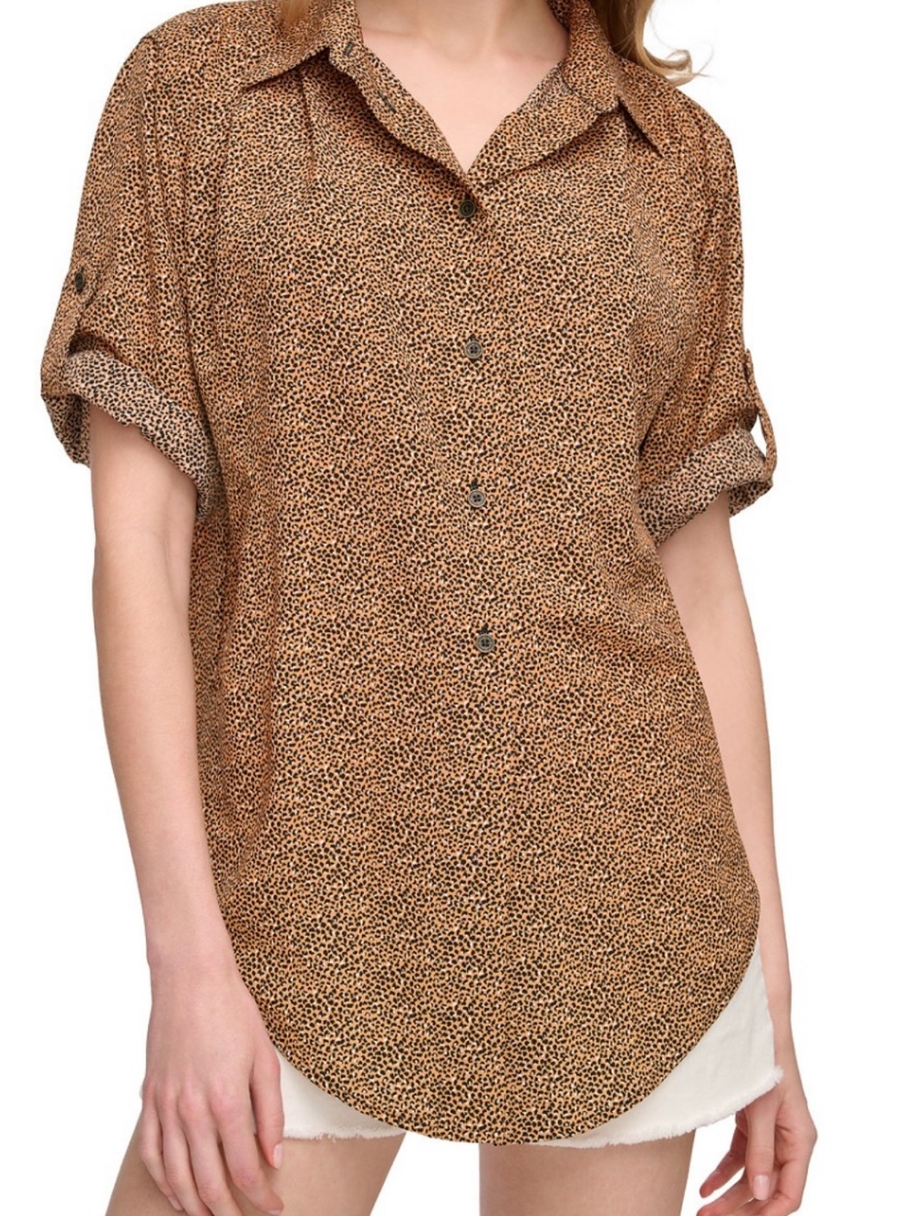 DKNY Jeans Women’s Short-Sleeve Roll-Tab Animal Print Button Front XL